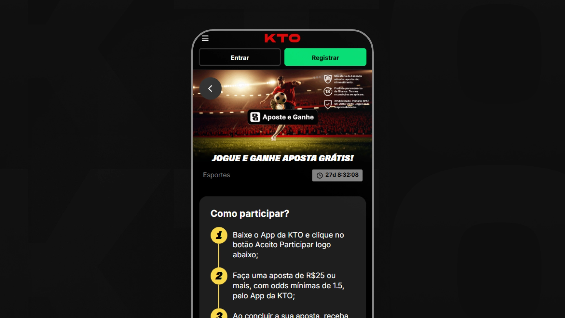 Captura de tela do bônus de apostas grátis Jogue e Ganhe Aposta Grátis: R$25 em Freebet da KTO