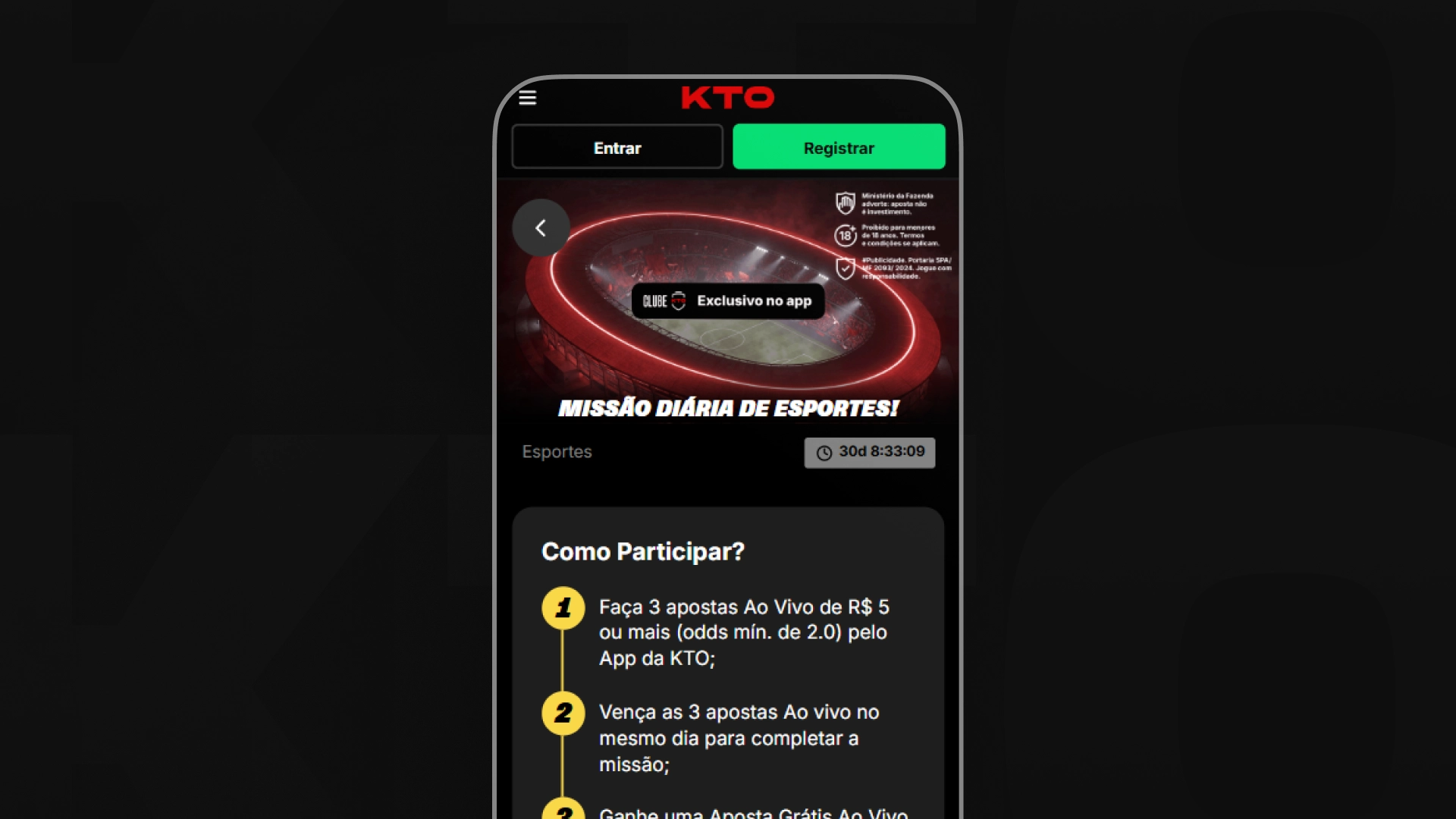 Captura de tela do bônus de apostas grátis Missão Diária de Esportes: R$5 em Aposta Grátis Ao Vivo da KTO