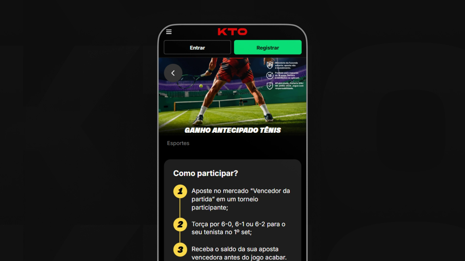Captura de tela do bônus de apostas grátis da KTO
